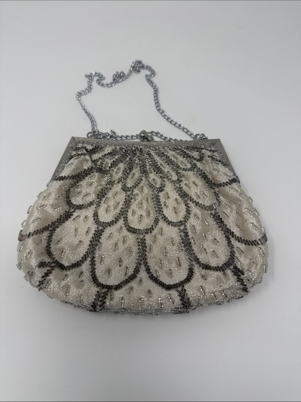 Beaded Cream Evening Clutch with Silver Accents
